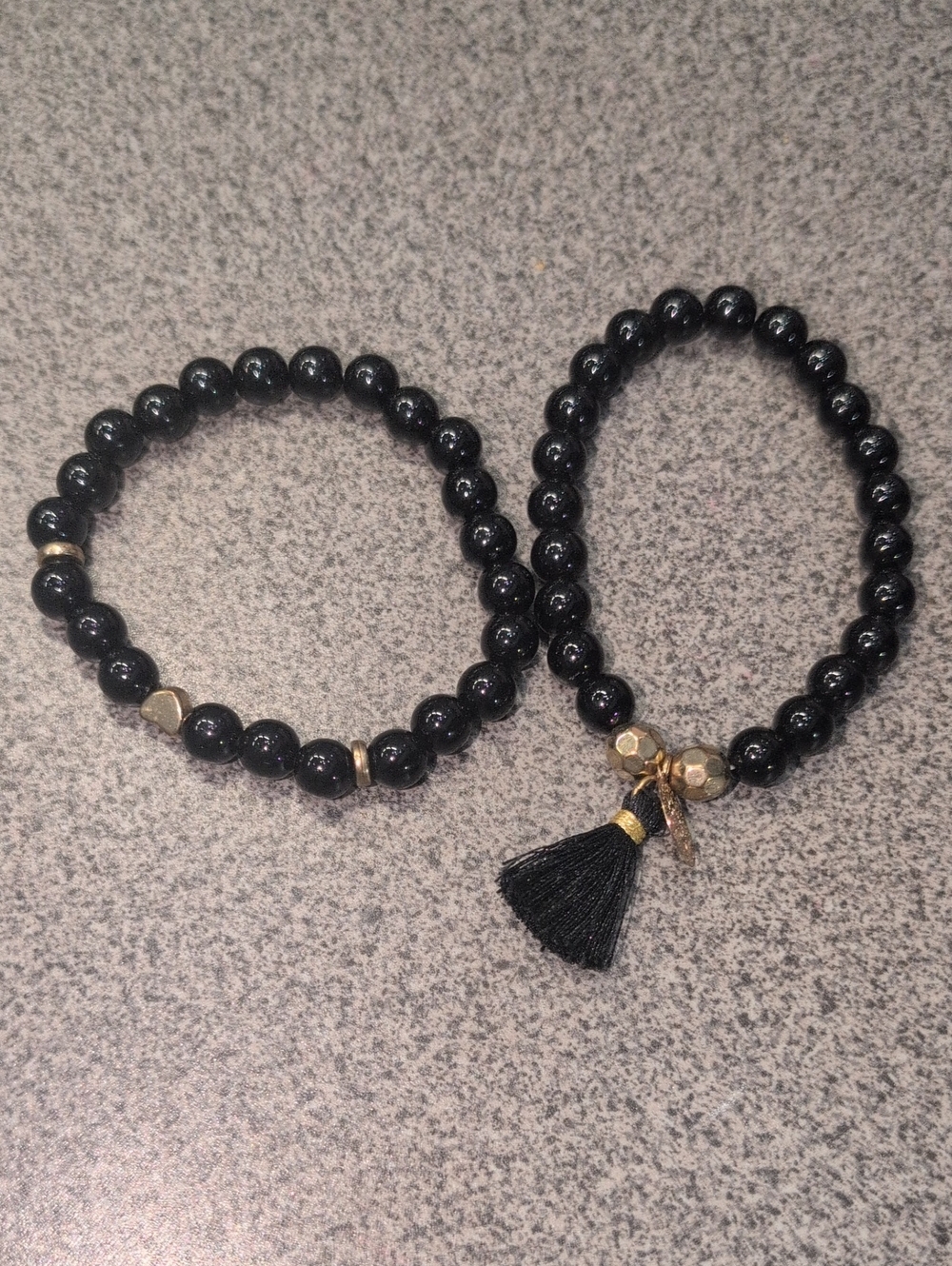 Black Beaded Stretch Bracelet Set - 1 Black Tassel & 1 Heart Bead